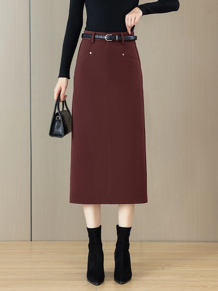 

High Waist A-Line Skirt Women's Autumn Winter Thickened Woolen One-Step Bodycon Skirt Mid-Length Korean Style Office Com...
