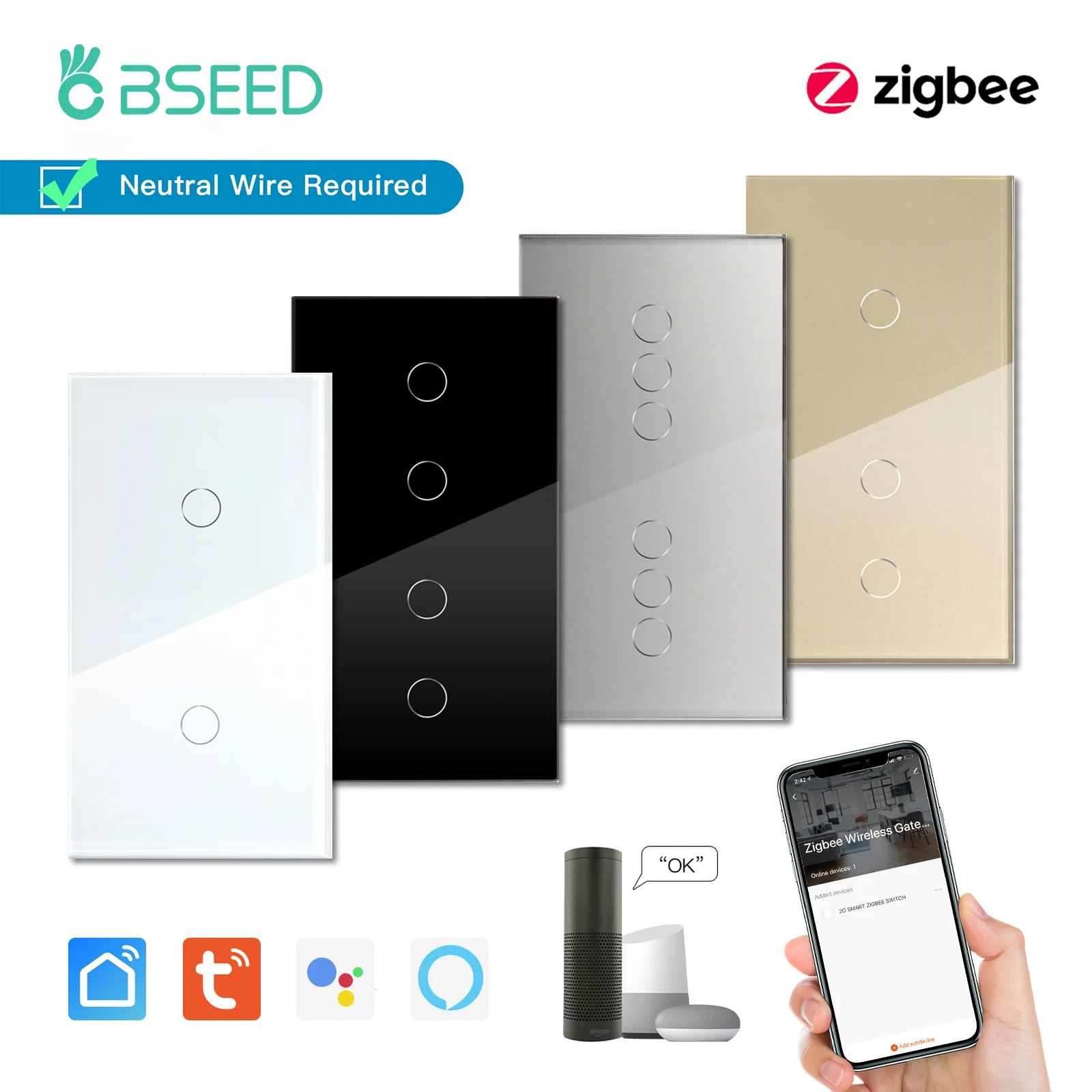 BSEED  Zigbee Smart Light Switches 2/3/4/6Gang Double Wall Touch Switches Tuya Smart Life Alexa App Control Neutral Version