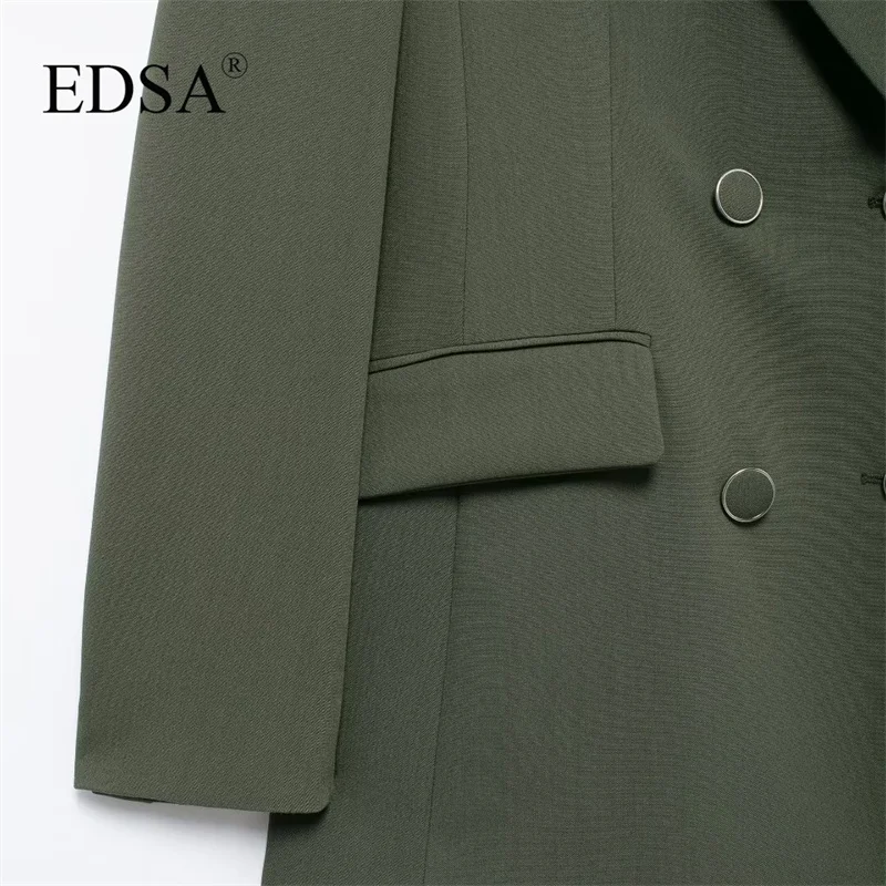 EDSA Women Fashion Double Breasted Blazer Jacket with Flap Pockets for Office Lady Long Sleeves Solid Color Coat Outerwear