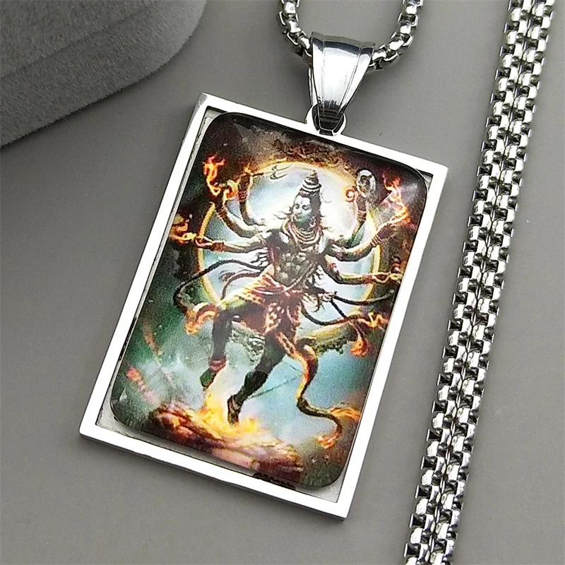 인도 힌두교 시바 직사각형 유리 펜던트 목걸이 남녀용 스테인리스 스틸 골드 컬러 체인 힌두교 부적 장신구