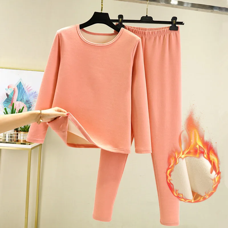 Thickened Fleece Warm Underwear Set round Neck Long Sleeve Women's Home Clothes Thermal Inner Wear Two-Piece Suit Dervo