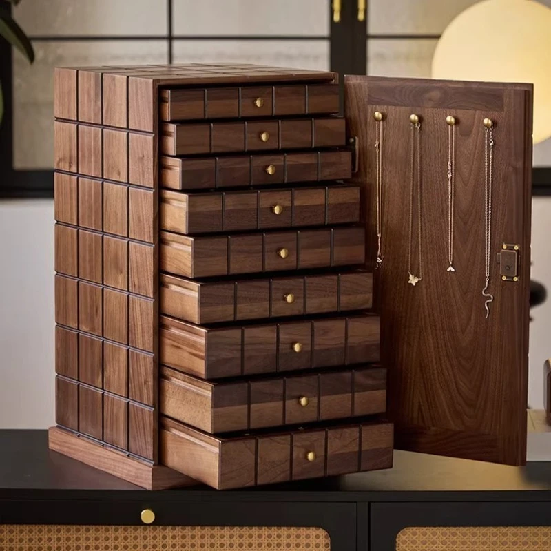 Walnut Wood Jewelry Box Vintage Large Capacity Storage Boxes Necklace Bangles Display Cabinet Medieval Jewellery Organizer Case