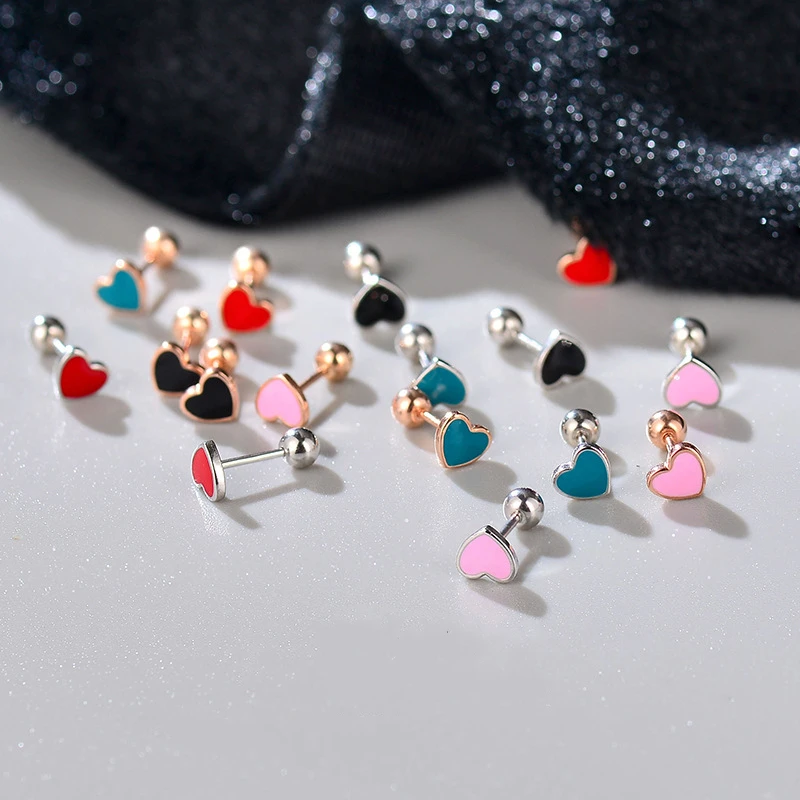 Pure 925 Sterling Silver Red Enamel Heart Screw Stud Earrings for Women Girls Korean Piercing Earring Engagement Party Jewelry