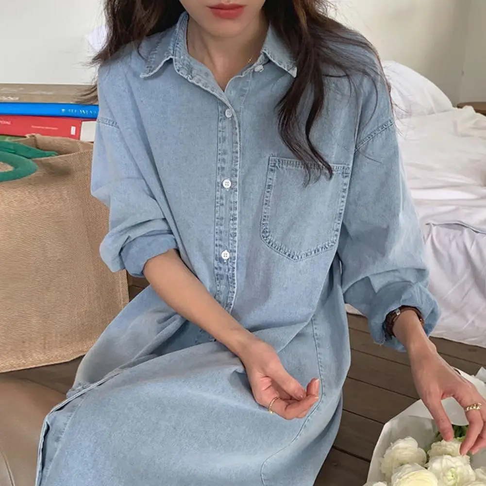 Elegant Large Size Dress Women's Denim Shirt Dress Long Sleeve Button Down Maxi Dress with Pocket Casual Lapel Loose for Summer