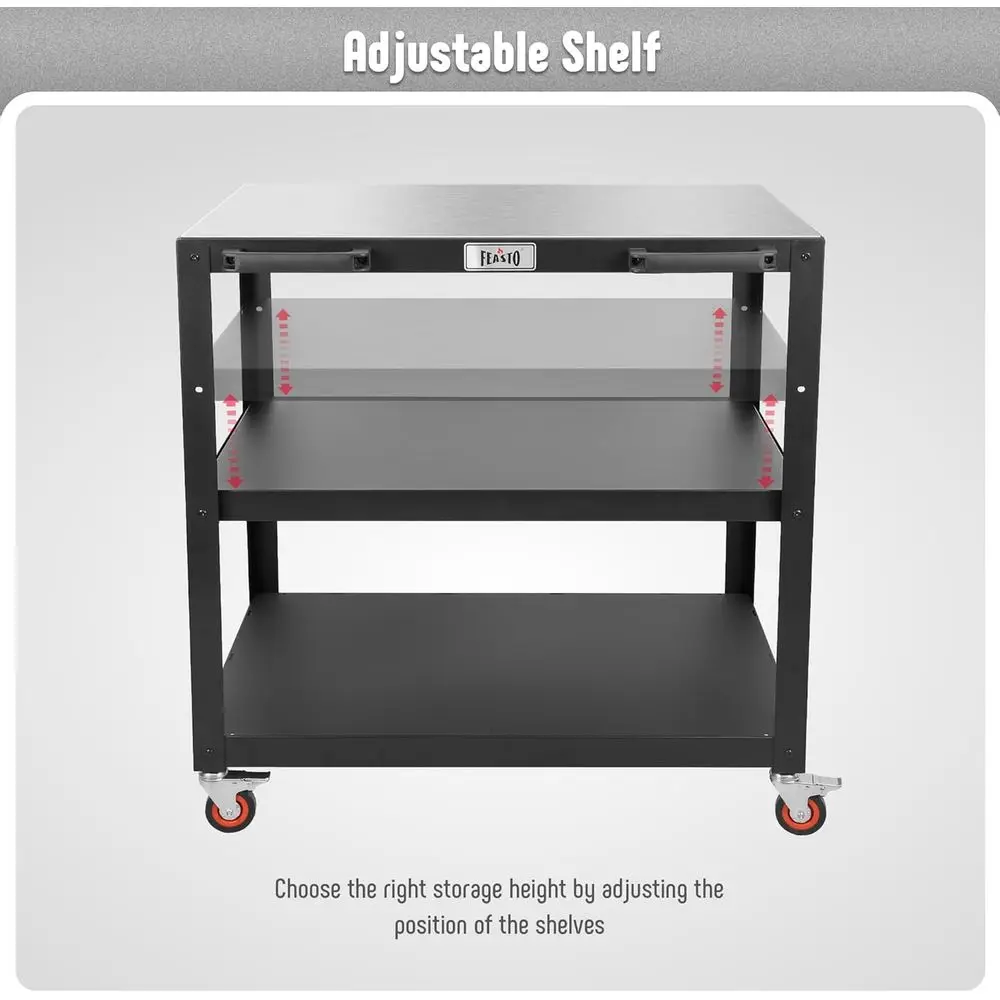 طاولة فرن بيتزا من الفولاذ المقاوم للصدأ للاستخدام الخارجي مع عجلات و3 أرفف للشوي والإعداد #5