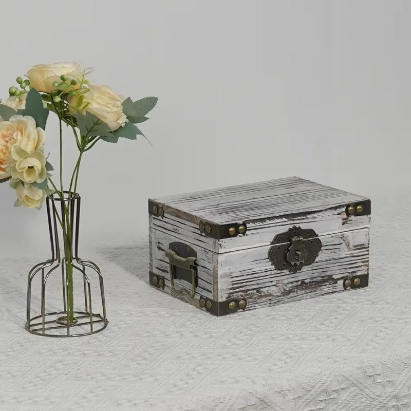 

Retro rectangular flip storage box, lock multi-functional small storage device, home office storage box wooden accessories