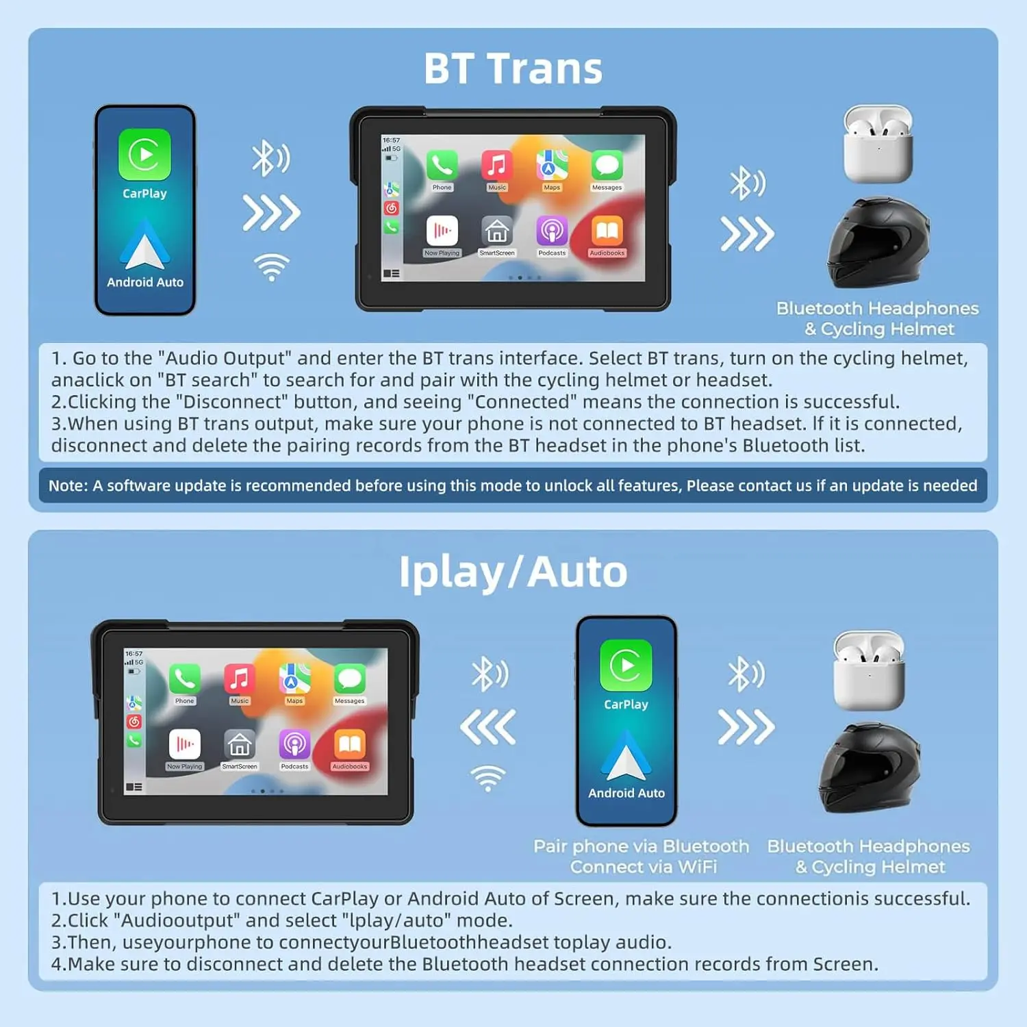 Navigazione GPS per moto wireless da 7 pollici CarPlay e Android Auto, schermo portatile impermeabile con doppio Bluetooth, controllo vocale,