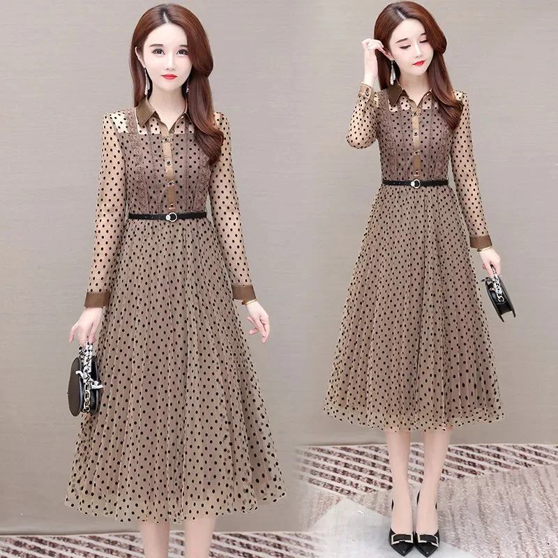 Fake Two-piece Gauze Dress Women Spring and Autumn 2024 New Fashion Mother Installed Waist-shrinking and Slim Polka-dot Skirt