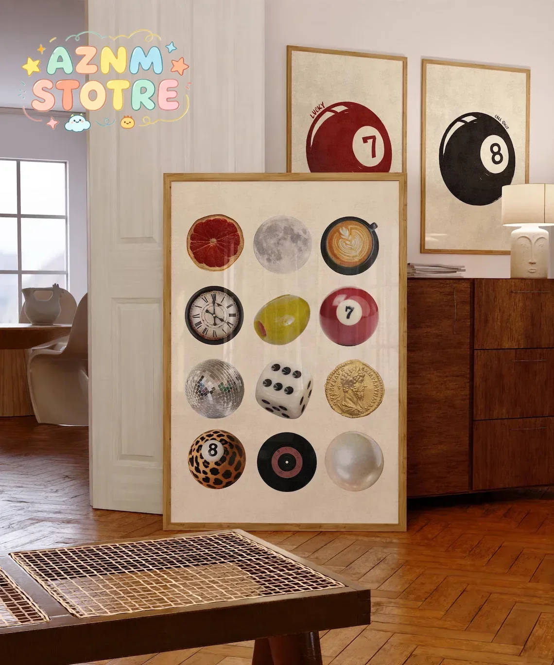 Retro Collage Wall Art, Vintage Poster with Disco, Dice, Coffee & 8 Ball, Cool Wall Decor for Living Room or Dorm