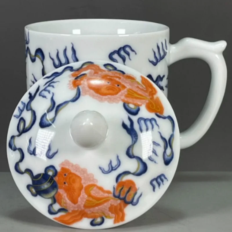 Antique Qianlong Blue and White Underglaze Red Tea Cup with Lid - Lion Playing with Ball Pattern, Exquisite Ceramic Craft