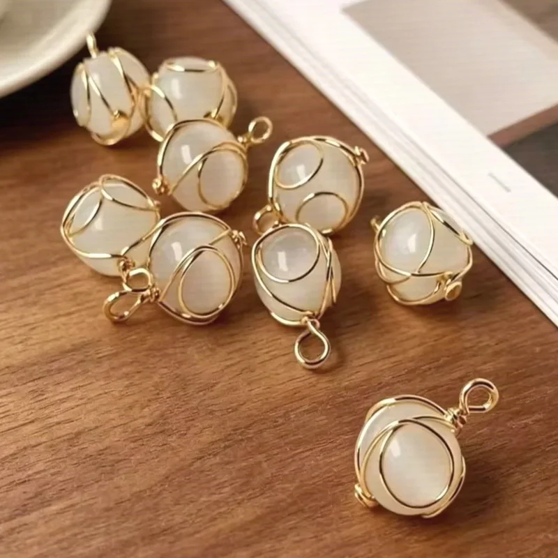 Brass 14K Gold Plated 10MM Wire Wrapped Cat Eye Round Bead Charms 1pcs DIY Dangle Earring Bracelet Jewelry Findings