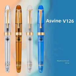 Asvine V126 Vacuum Filling Fountain Pen EF/F/M Nib, Beautiful Transparent Brown/ Matte Blue, White Acrylic Writing Gift Set