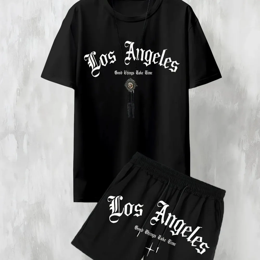 New Men's Casual Los Angeles Letter Printed Comfortable Breathable T-shirt Shorts Set Outdoor Comfortable Two Piece Set