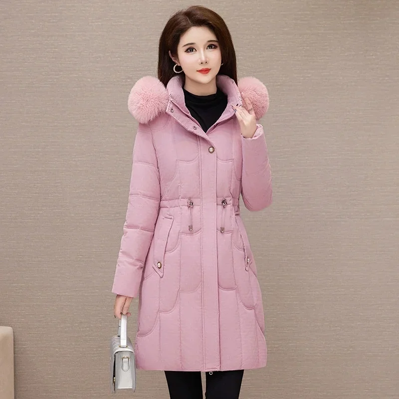 

2025 Women Winter Coat Korean Thicke Down Cotton Jacket Warm Hooded Parka Overcoat Female Solid Casual Mid Long Coats Outerwear