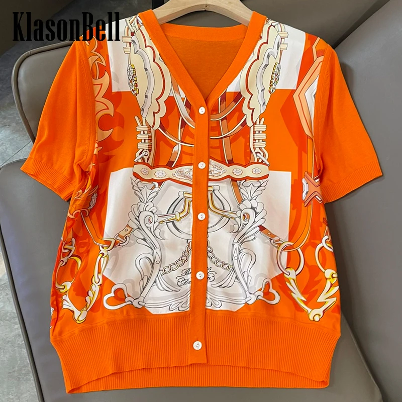 

3.16 KlasonBell 2024 New Fashion Vintage Chain Print Real Silk Spliced V-Neck Short Sleeve Knit Thin Comfortable Cardigan