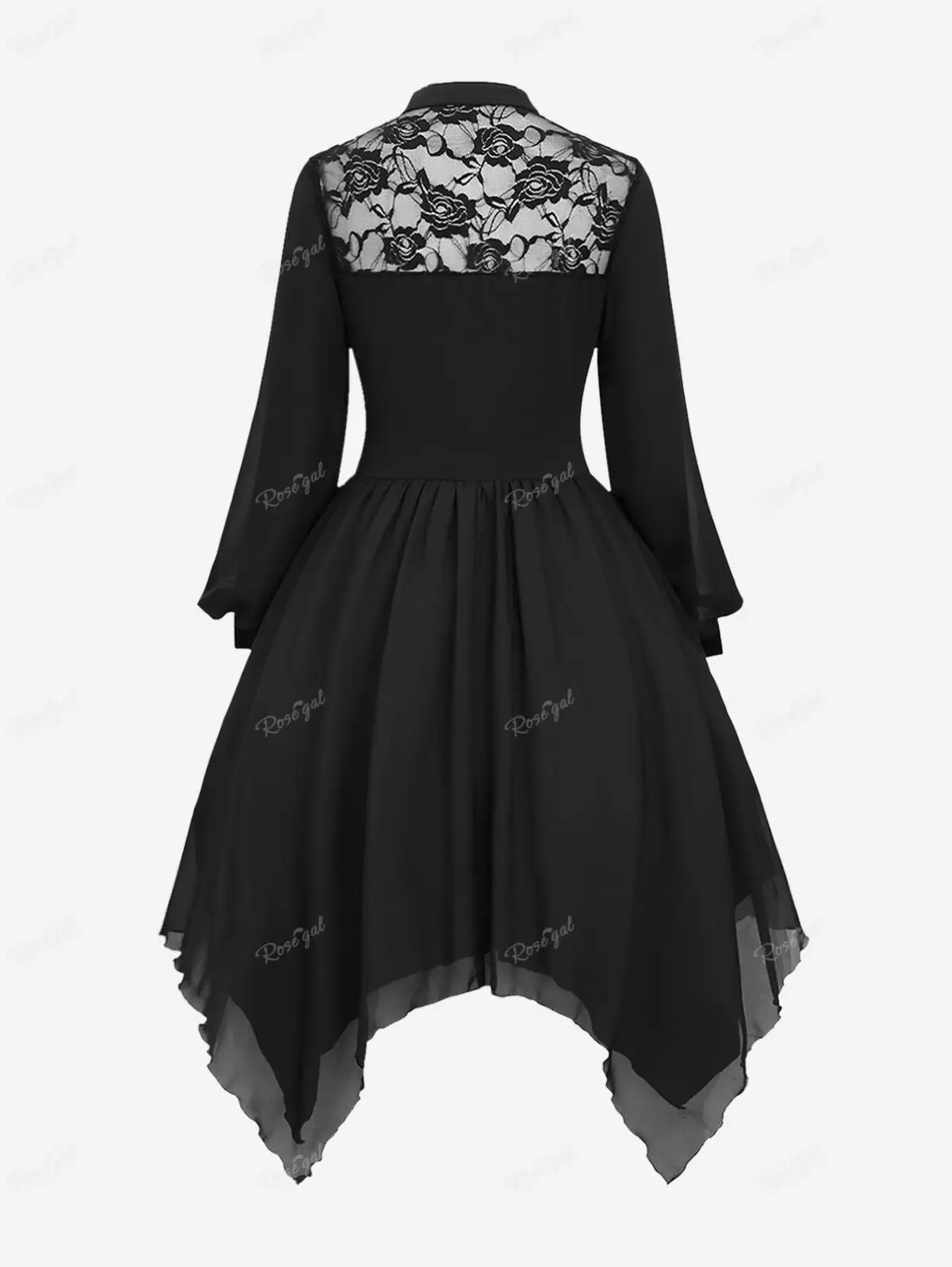 Rosegal Gothic Lace Panel Ausschnitt Schnalle Kleid schwarz elegant geschichtet Chiffon Taschentuch Kleider 2023 neue Herbst Winter Vestidos