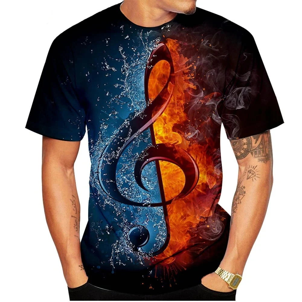 Fashion New Music Note Printing T-shirt Cool Men\'s Street Top Popular Elements Plus Size Round Neck Short Sleeve