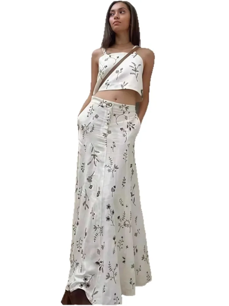 Elegante Zwei Stück Set Frauen Feste Dünne Spaghetti Strap Tops Und Schlanke Lange Maxi Röcke Weibliche Streetwear Passenden Anzug