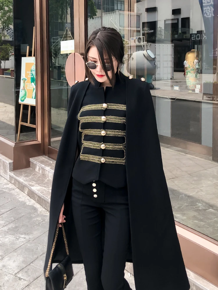 Embroidery Buttons Black Shawl Cape Women British Style Cloak Sleeve Military Elegant Long Work Party Wool Poncho Coat 2023