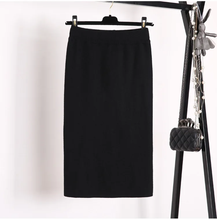 

Женская осенне-зимняя облегающая юбка-карандаш средней длины, вязаная юбка с разрезом, эластичная, с высокой талией, однотонная, легкая