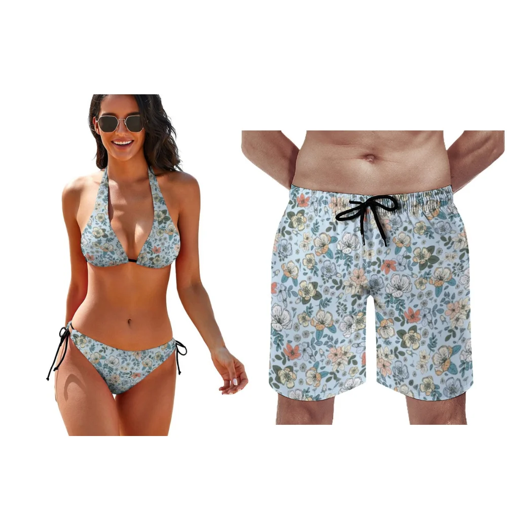Customizable Patterned Beach Couple Outfits Summer Flower-Patterned Women's Bikini Sets Men's Beach Pants Essential For Summer