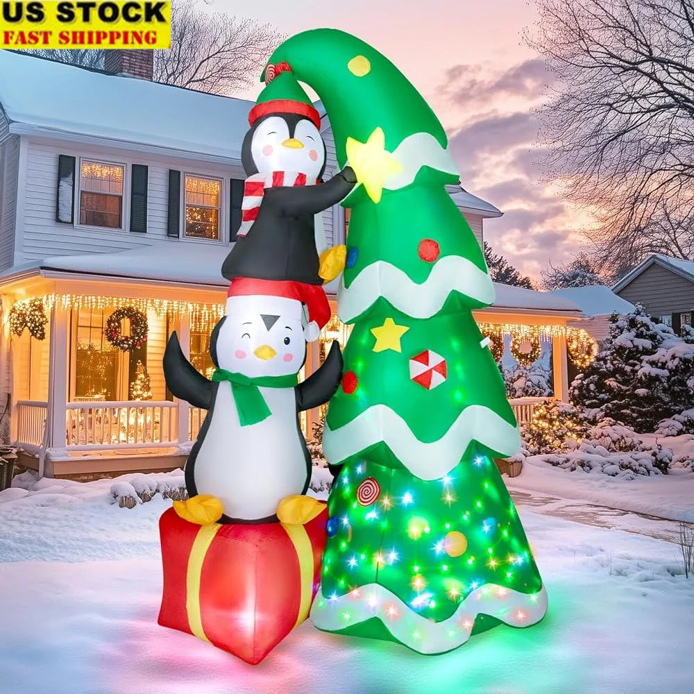 

7FT Inflatable Christmas Tree with Penguins LED Lights Yard Decorations Waterproof Easy Setup Holiday Outdoor Decor