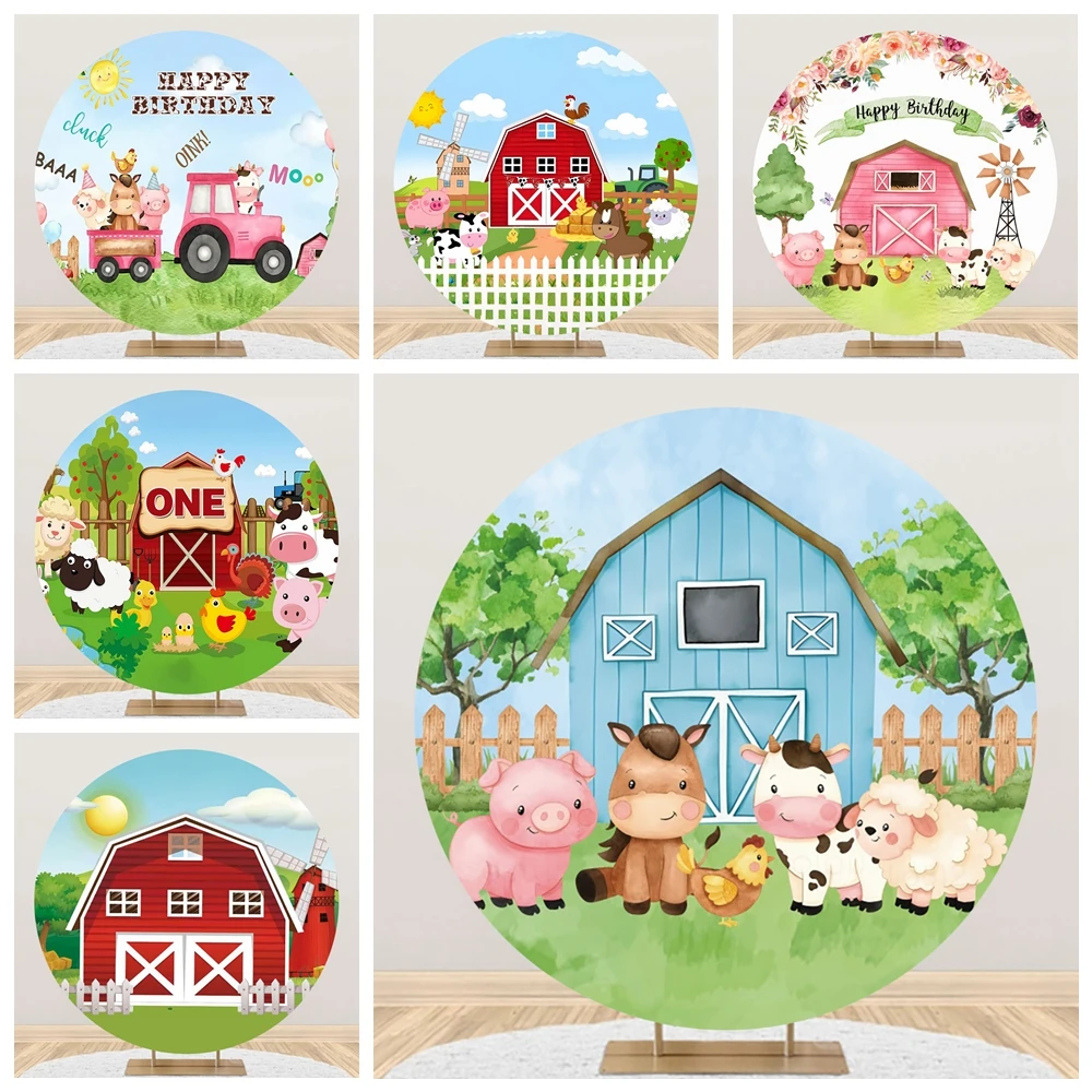 

Cartoon Farm Barn Animals Birthday Round Backdrop Cover Newborn Baby Shower Kids Party Circle Photography Background Decor Props