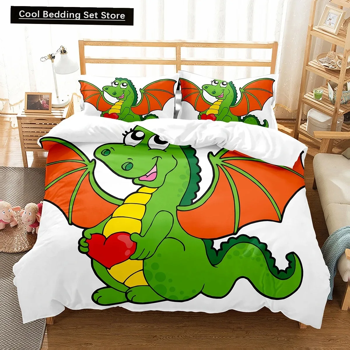 

Cartoon Dragon King Queen Duvet Cover Kids Boys Animal Bedding Set Lovely Magical Creature Quilt Cover Polyester Comforter Cover