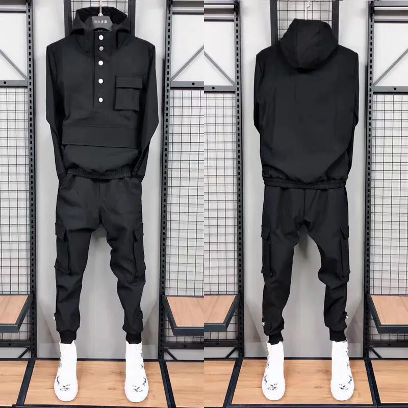 

Autumn and spring hooded men's casual and fashionable black sweatshirt set, trendy thickened long pants pullover 2 pieces set