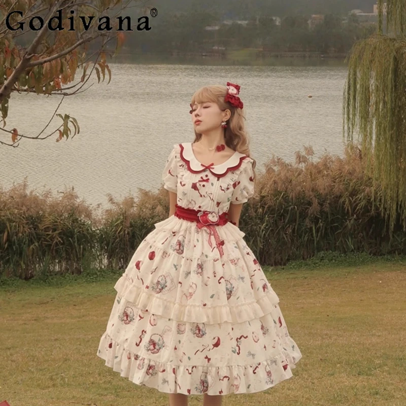 

Lolita Plus Size L-4XL Girls Daily Cute Printed Princess OP Dress Summer New Sweet Peter Pan Collar High Waist Ruffles Dresses