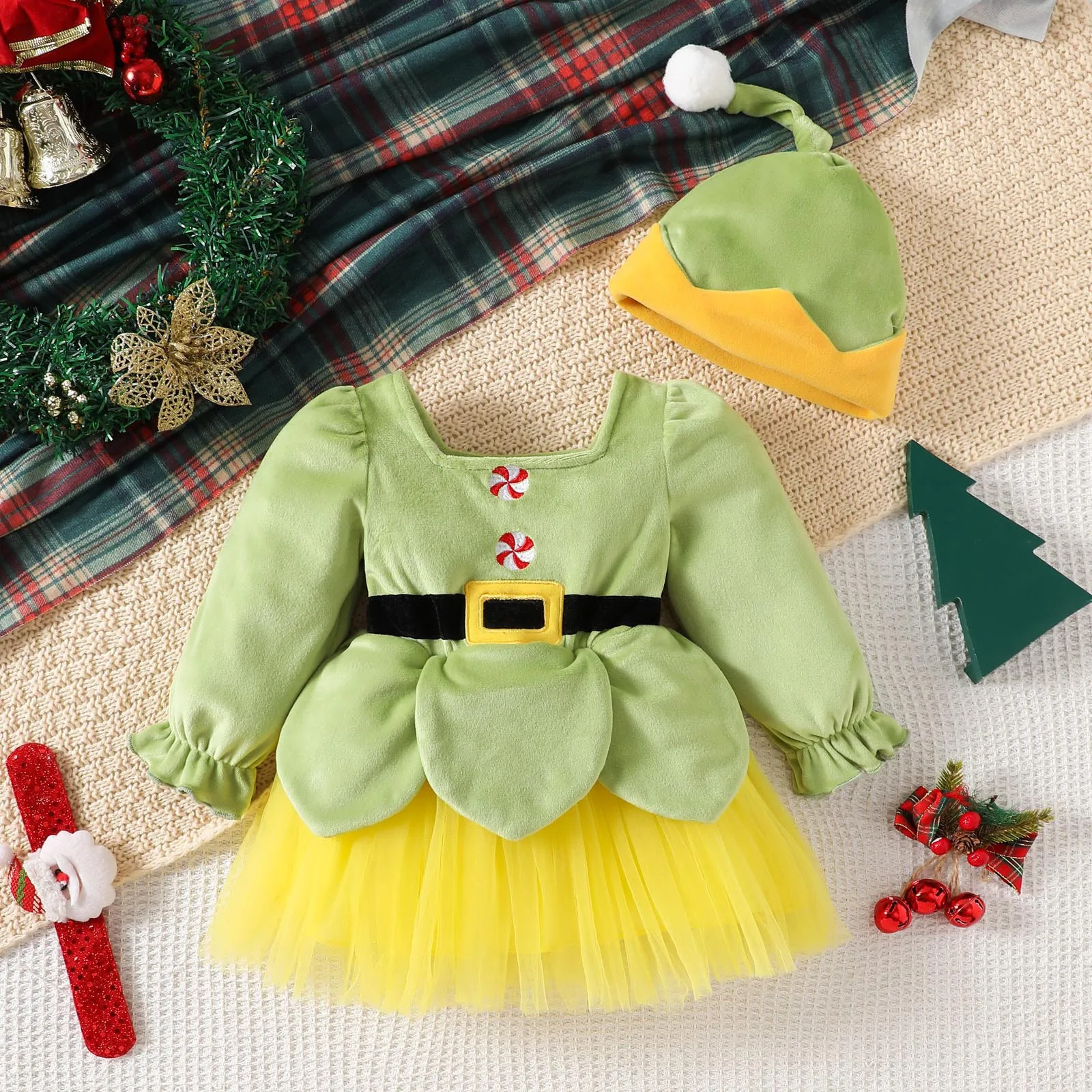 Toddler Girls Long Sleeve Christmas Dresses Green Cute Mesh Patchwork Dress Fleece Princess Dresses Hat Set Girls Clothes 4t