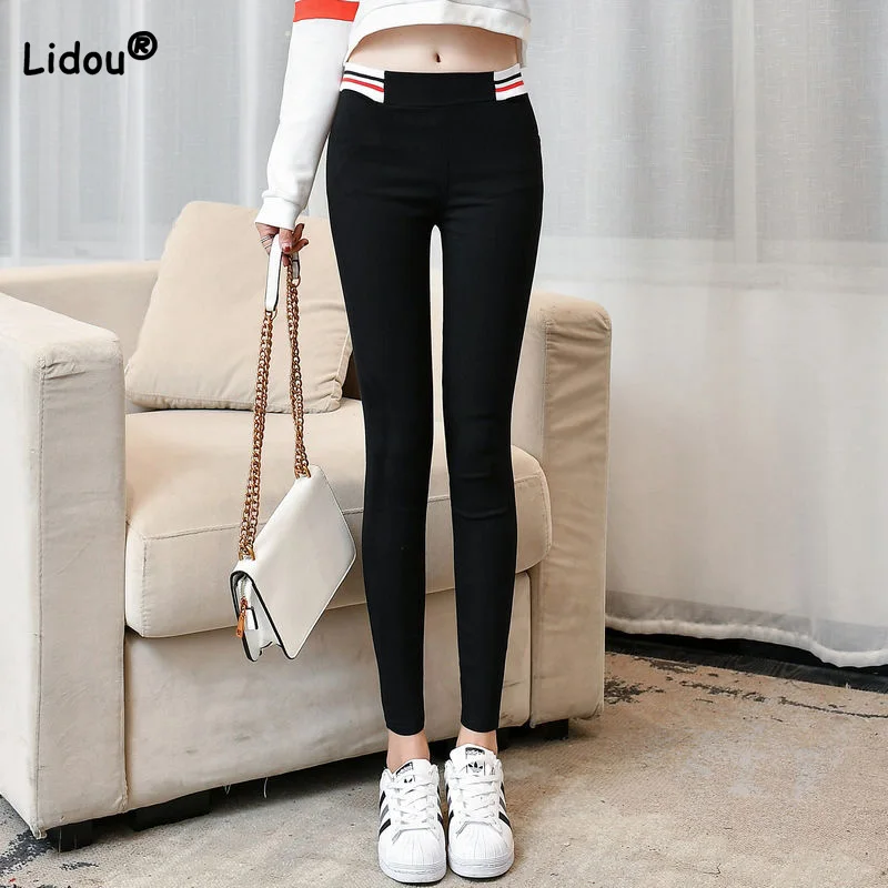 

Korean for Women 2022 Spring Autumn New Multicolour Striped Elastic High Waist Pants Black All-match Skinny Pencil Trousers