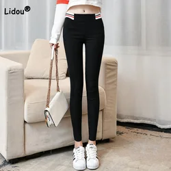 Korean for Women 2022 Spring Autumn New Multicolour Striped Elastic High Waist Pants Black All-match Skinny Pencil Trousers