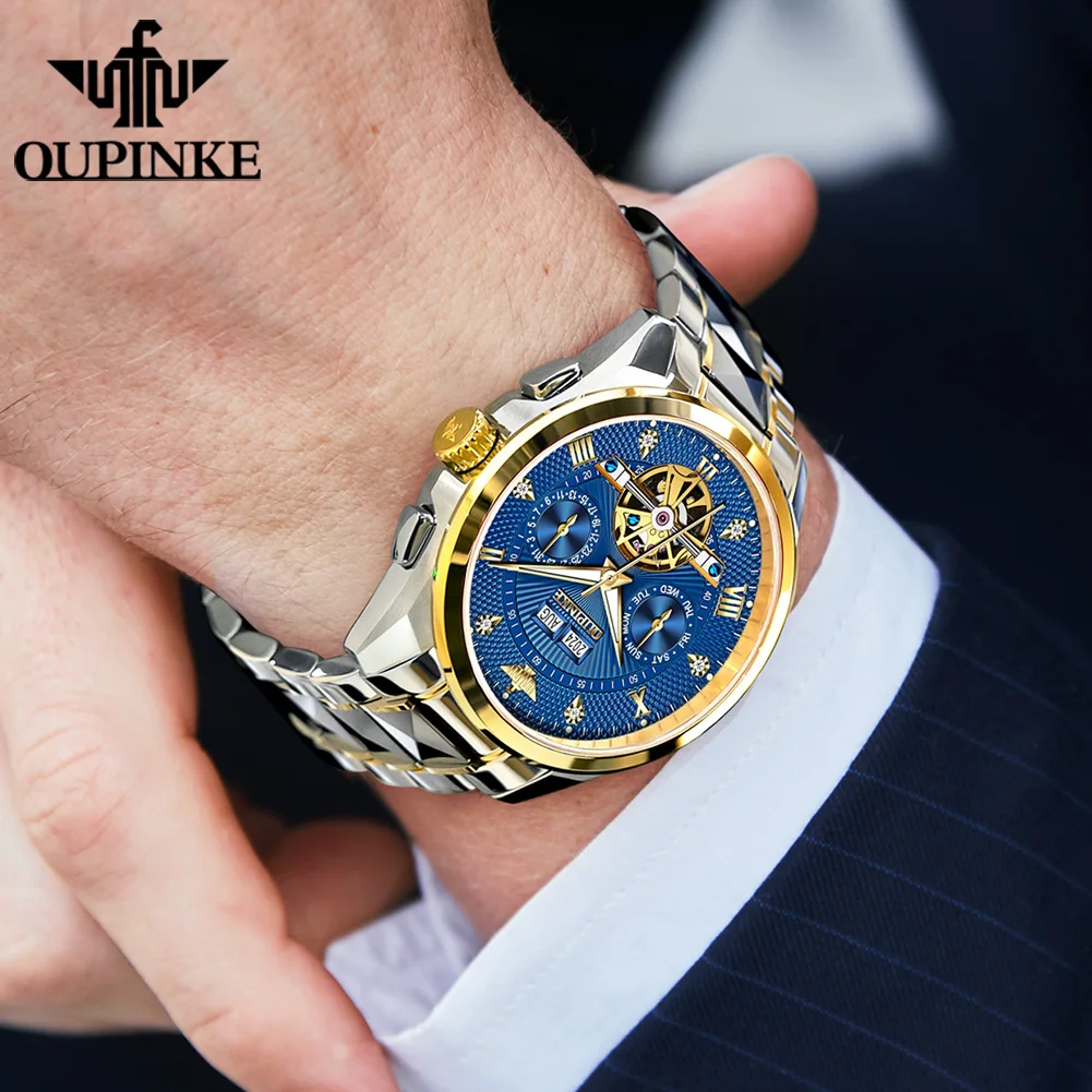 OUPINKE 3270 Automatisch mechanisch herenhorloge Wolfraam stalen band Multifunctioneel Datum Waterdicht Lichtgevend herenpolshorloge