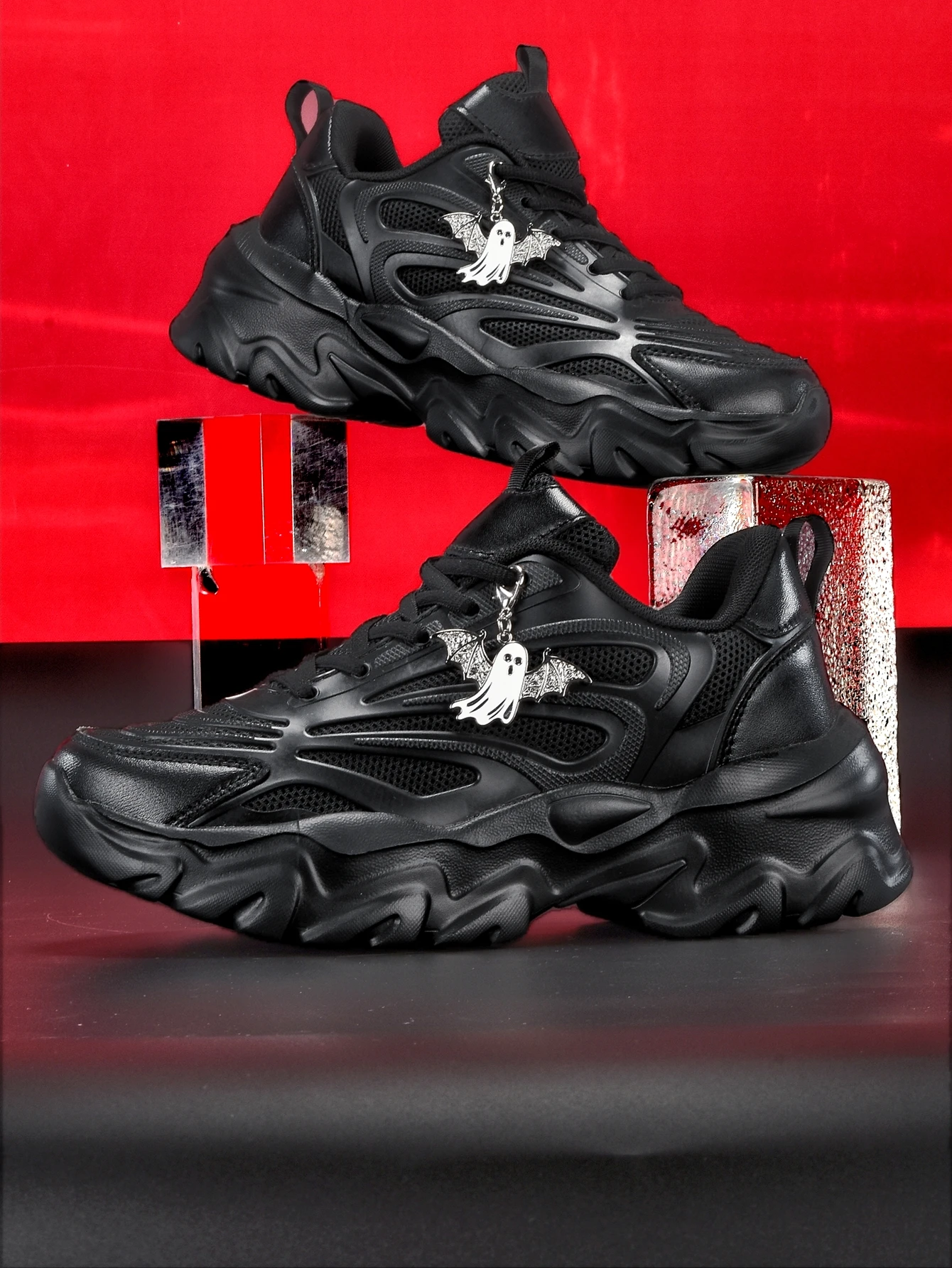 Women's Thick-Soled 5cm Height-Increasing Dad Shoes, Sweet and Cool Y2K Retro Style, Silver Ghost Metal Chain Decoration, Breathable Mesh, Eva Irregular Sole, Black Casual Sneakers, Student Campus Versatile Soft-Soled Trendy Shoes, Daily Commute, Unique Non-Crowded Style Sports Shoes for Women