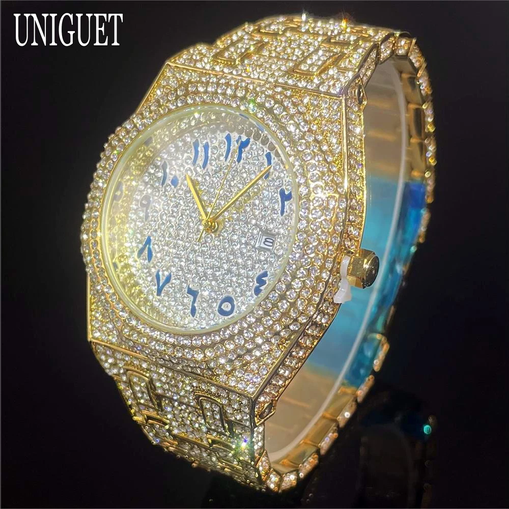 Hot Sell Luxury Iced Watch For Men Fashion Brand UNIGUET Waterproof Gold Quartz Watch Man Hip Hop Full Diamond Bling Wristwatch