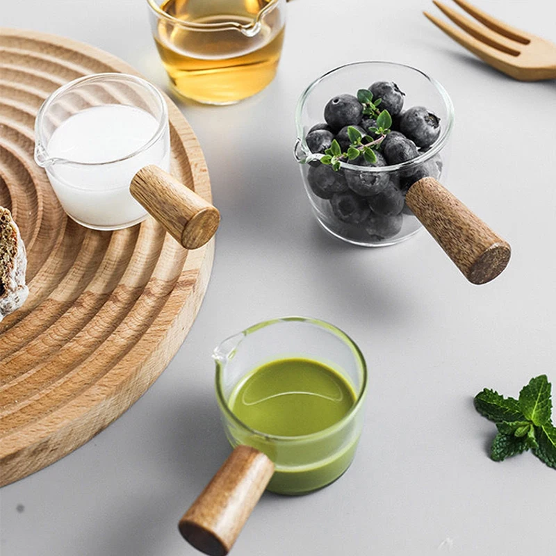 

Glass Measuring Cup Wood Handle Glass Espresso Measuring Cup Single Milk Coffee Clear Jug Coffee Supplies Kitchen Measure Mug