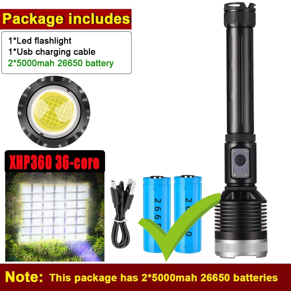 ハイパワー超高輝度-36-コア-xhp360-led-懐中電灯-26650-充電式-led-トーチズーム屋外戦術ランタン狩猟用