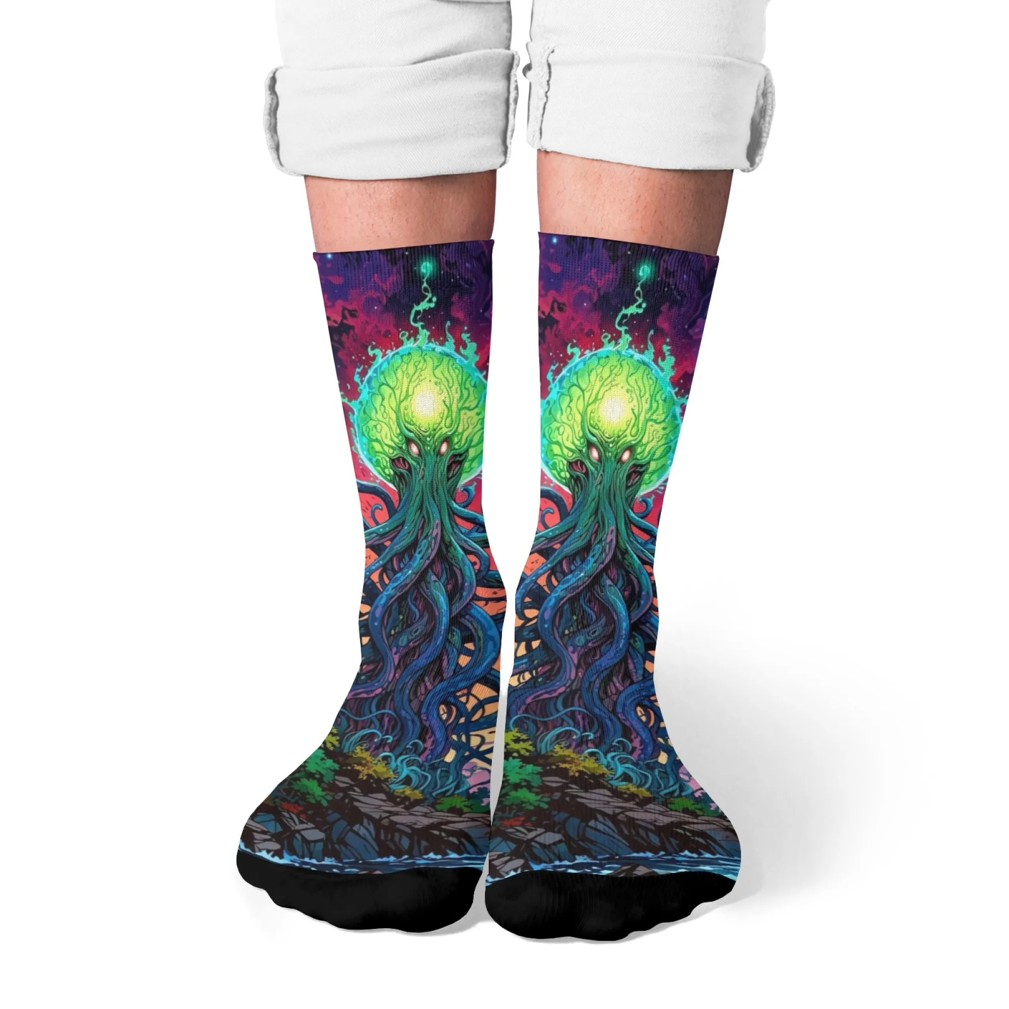 

Fantasy novel Cthulhu style printed men's socks Harajuku retro colorful alien creature compression socks soft and comfortable