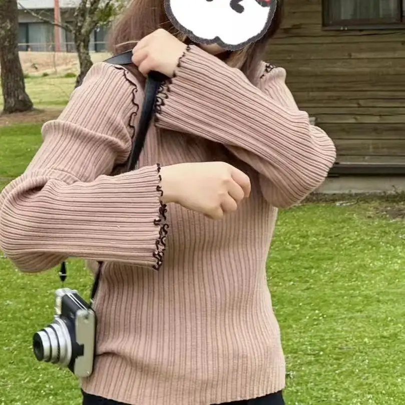 

Женский вязаный свитер Color Blo с воротником-рюшем, в рубчик, повседневный, стандартный крой, 100% хлопок, для ношения под одеждой