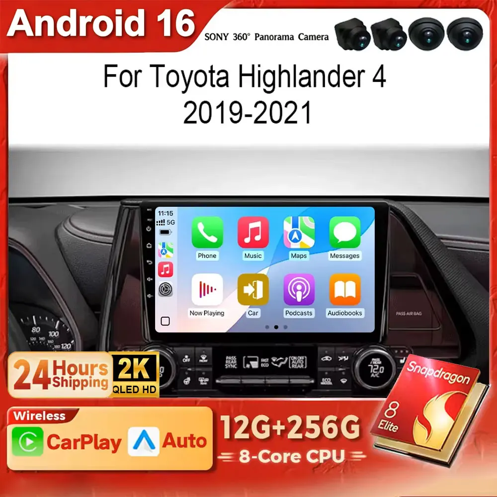 Android 16 For Toyota Highlander 4 XU70 2019 - 2021 2K QLED Car Radio Carplay 4G Multimedia Video Player GPS Autoradio AI Voice
