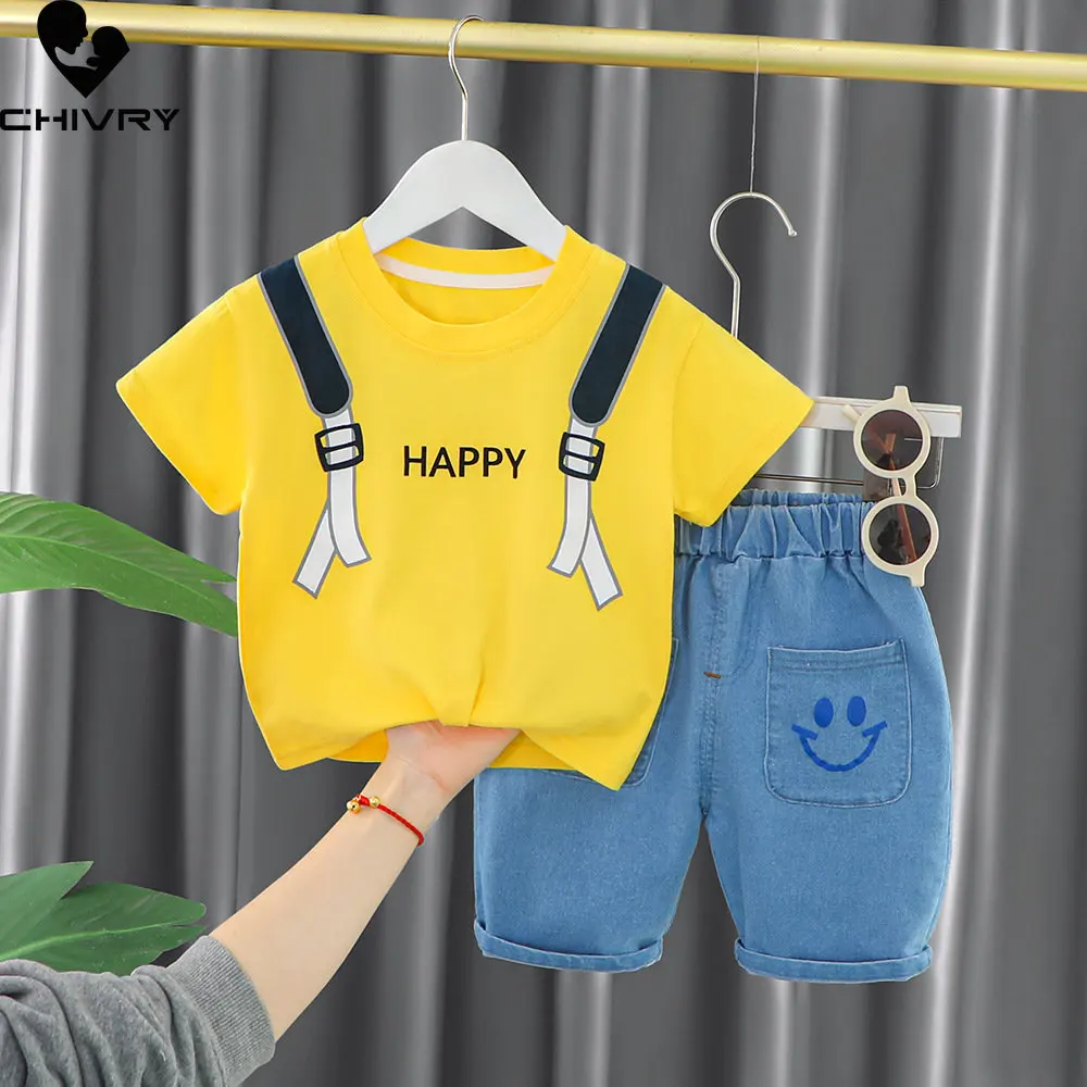 Jungen Sommer Kleidung Anzug Neue 2023 Baby Jungen Kurzarm Oansatz Cartoon Bär T-shirt mit Jeans-Shorts Kinder Kleidung Sets