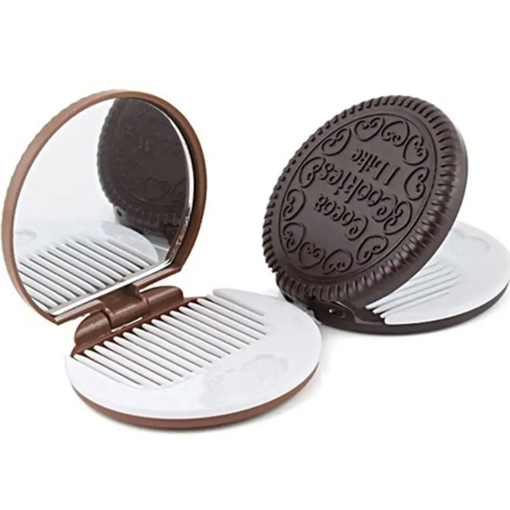 Espelho de maquiagem dobrável portátil, Vidro HD com pente, Vanity Mirror, Chocolate Sandwich Cookies Pocket Mirror