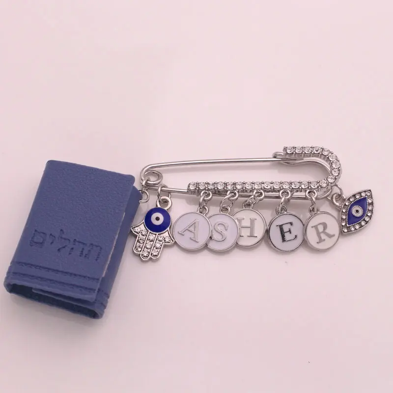 ZKD customise english name Tehillim book Hebrew blue blessing brooch pin evil eye hamsa protection jewish gift
