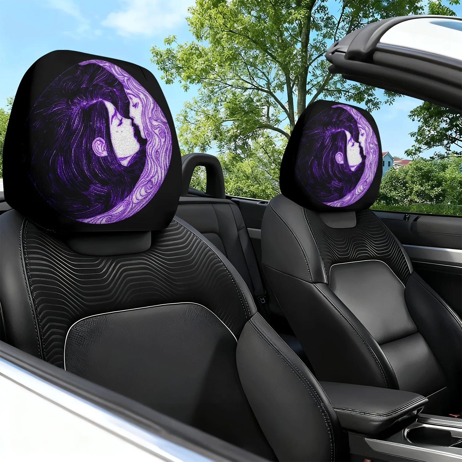 2pcs Car Headrest Cover Purple Hair Couple Kiss Round Theme Print Car Seat Cushion Headrest Neck Pillow Cover - Non-Slip, Dirt
