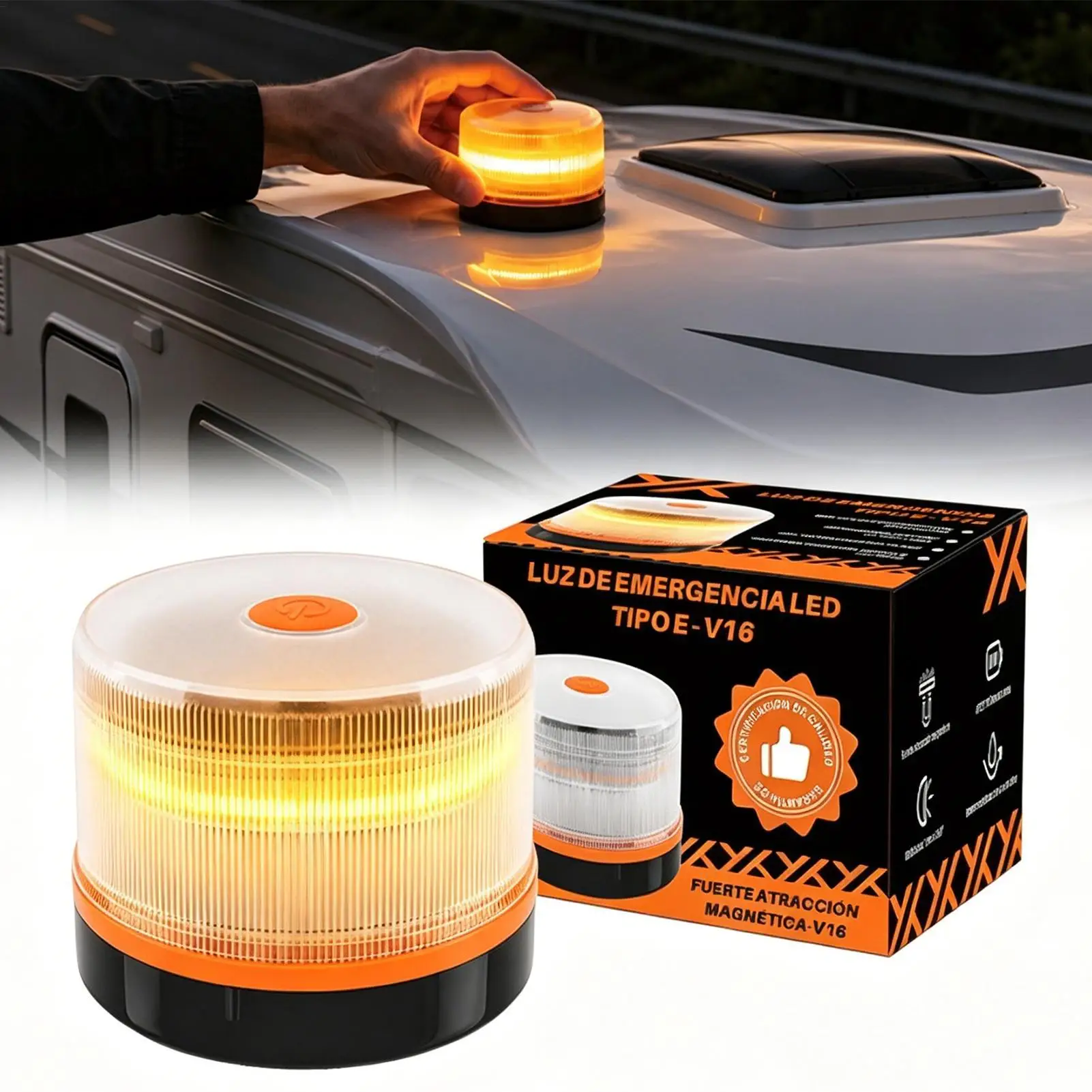 LED Beacon Amber Safety Lamp with Magnetic Base Vehicle Strobe Lights for Car Truck Motorcycle Trailer Roadside Night Outdoor