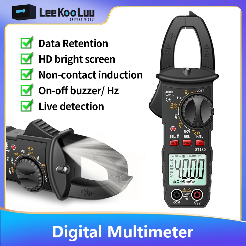 Leekooluu ST180 4000 Counts Digital Clamp Meter AC Current Multimeter Ammeter Voltage Tester Car Amp Hz Capacitance NCV Ohm Tool