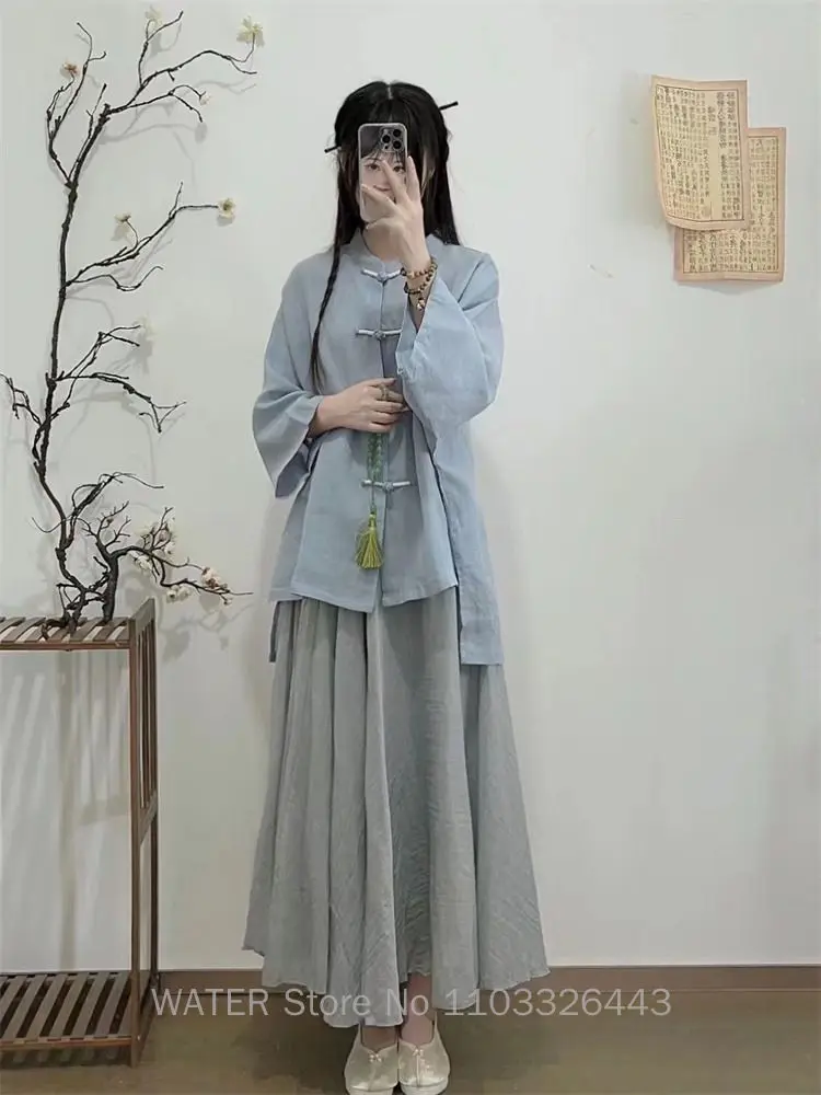 Air Liziqi tradisional Retro Hanfu elemen Set wanita baru gaya etnik Cina pakaian Tea V-Neck merasa malas celana kasual