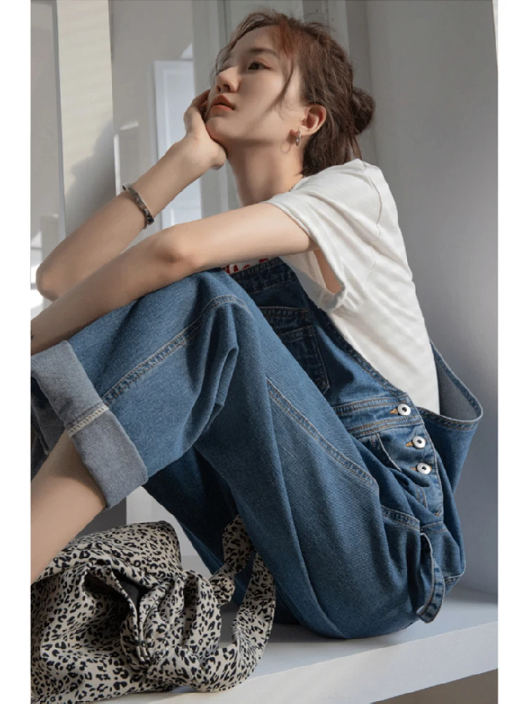 

Модные корейские джинсовые комбинезоны для женщин: весенне-осенние, свободные, молодежные, прямого кроя, с широкими штанинами, в пол