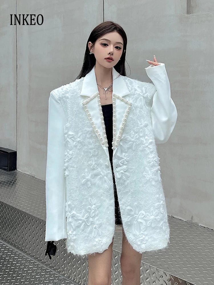 

Роскошный женский пиджак в стиле пэчворк с 3D цветами, новинка 2025, белый, черный, дизайн оверсайз, куртка с жемчугом, весна-осень INEKO 5O110